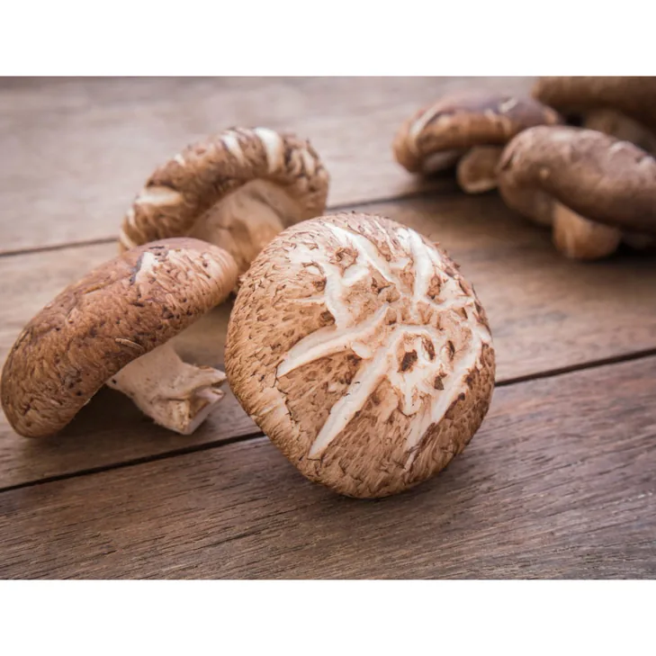 Brown Shiitake mushrooms on a wooden surface
